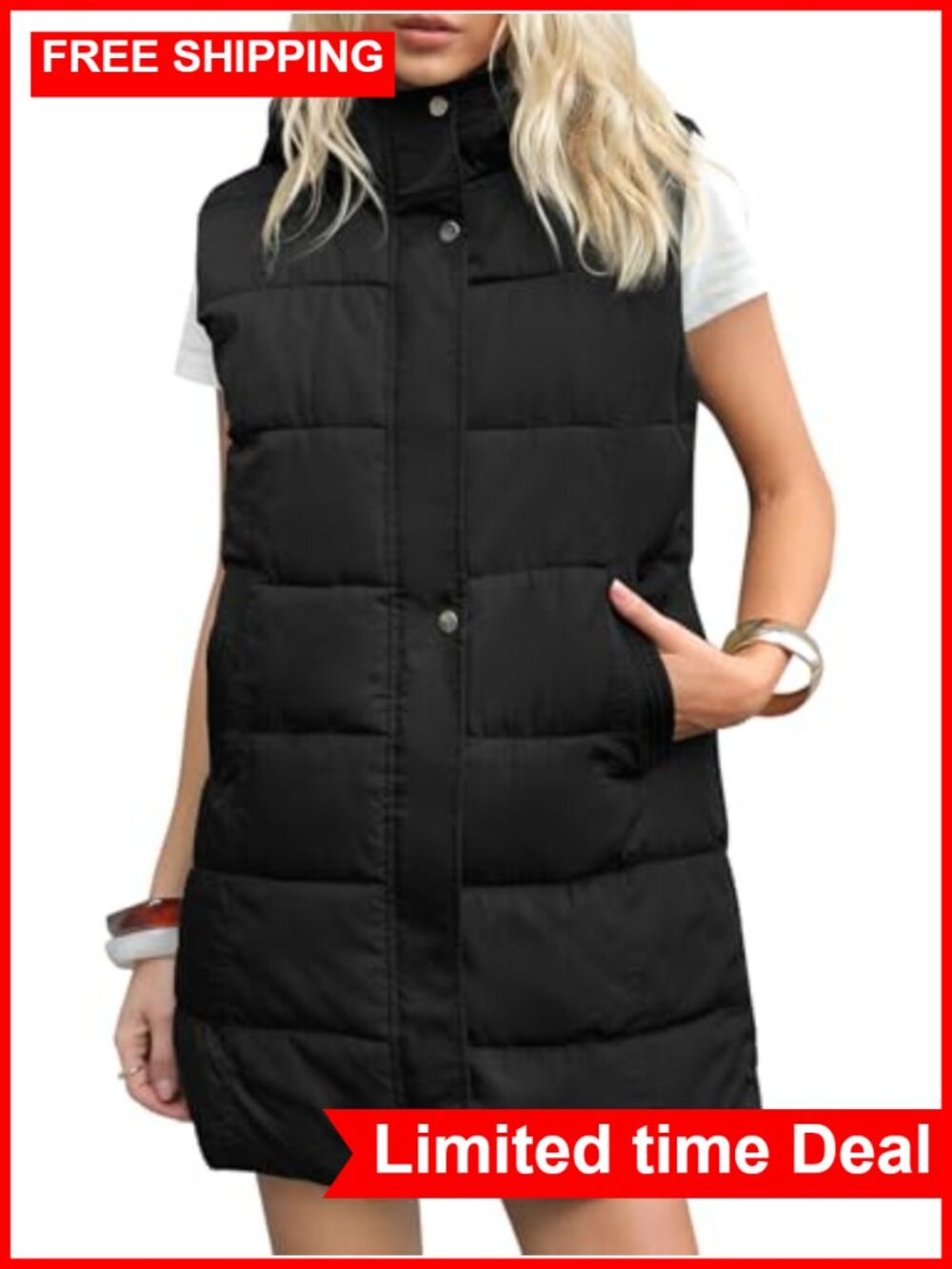 Gihuo Women's Long Puffer Vest Winter Quilted Hooded Zip Up Sleeveless Vest